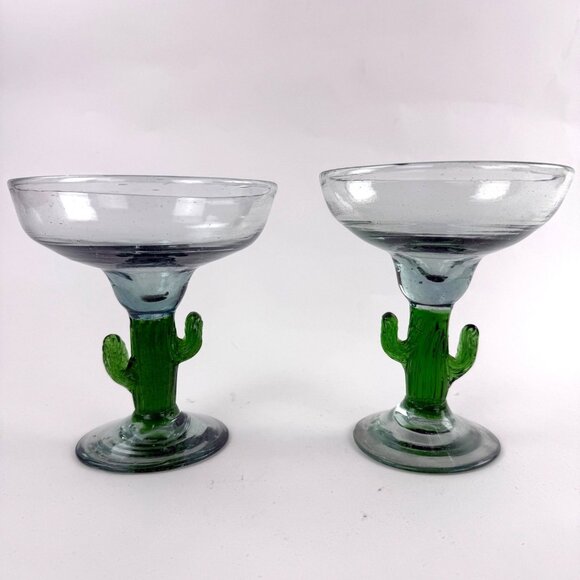 Mexican Cactus Margarita Glasses Hand Blown Green Stemmed Set Of 2 - Picture 2 of 8